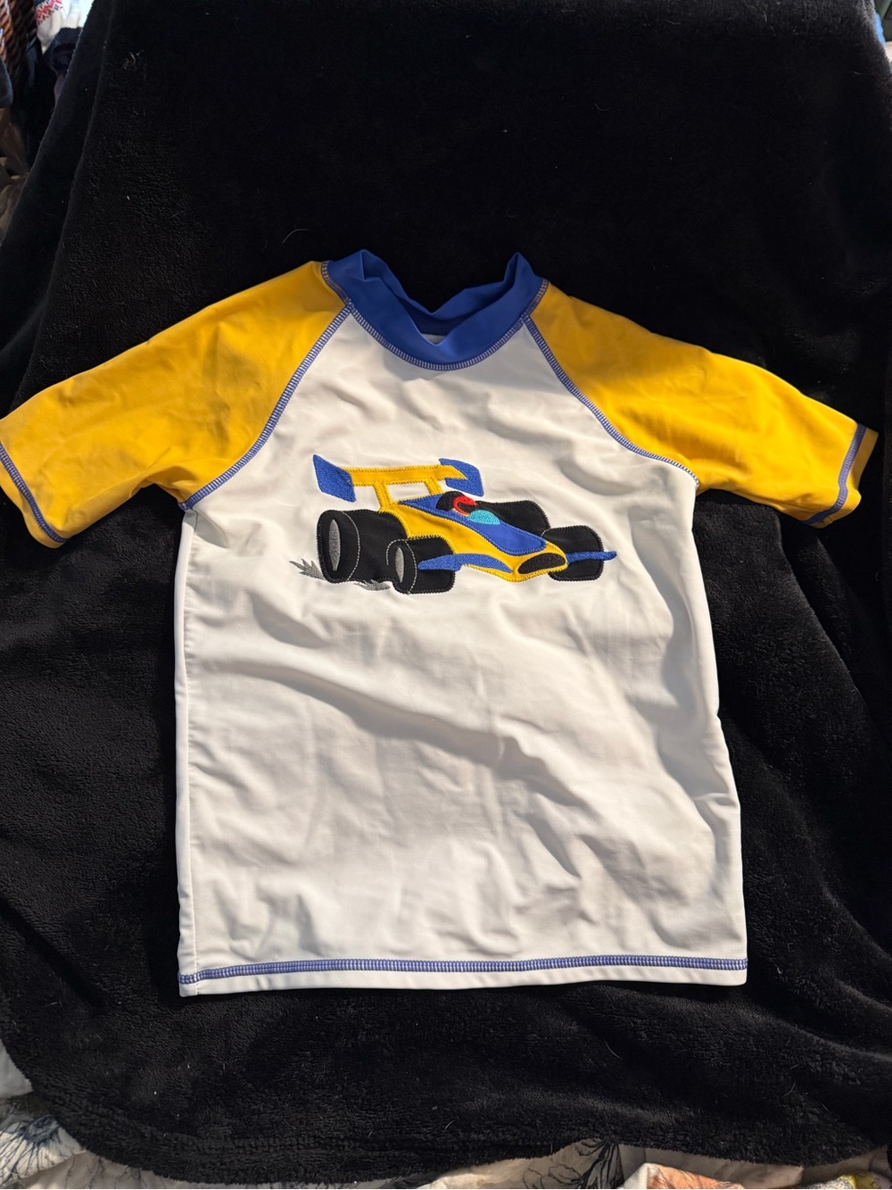 Gymboree Boys Rash Guard Swim Shirt Size 6 White Yellow Blue Race Car Graphic